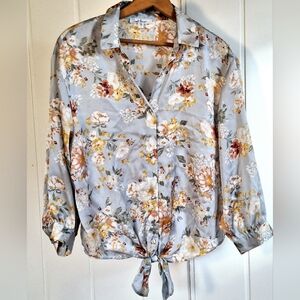 NWT Cloud Chaser Silver Blue 3/4 Sleeve Collar Tie Blouse Size L
